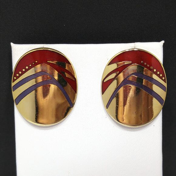 Laurel Burch Metallic Red & Purple Earrings, Gold Plated, 1980s Vintage - Picture 2 of 10